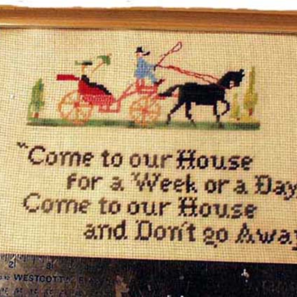 FOLK ART EMBROIDERY, 1957, COME TO OUR HOUSE POEM, SIGNED, MADE IN CANADA, HAND-